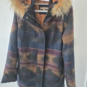 Cozy Expedition Women's Blue and Orange Jacket with Faux Fur